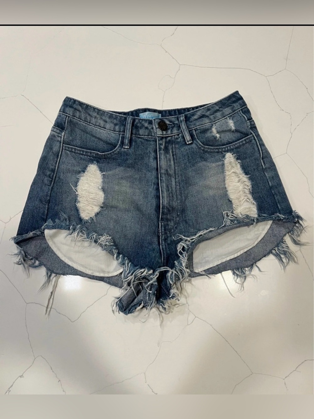 Mumu Blue Distressed Denim Shorts.